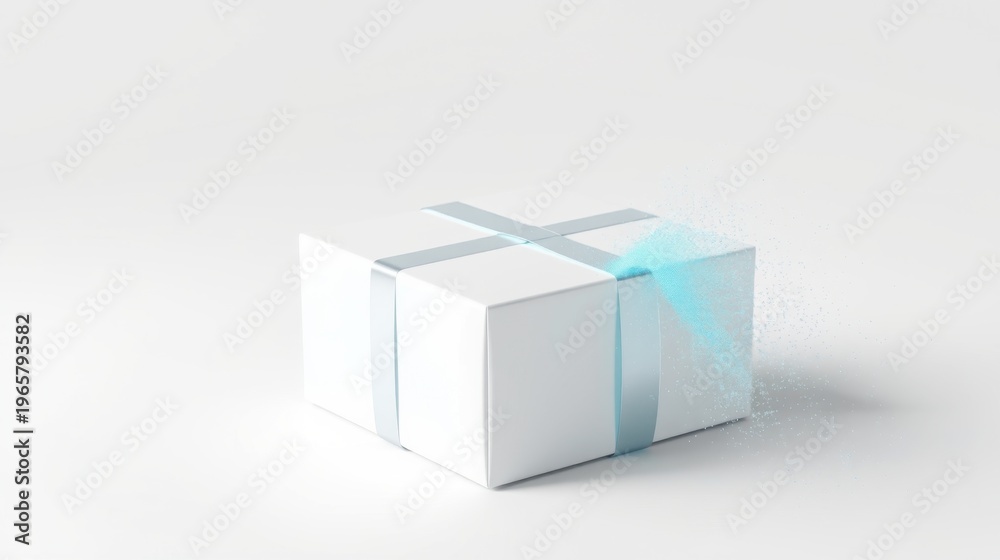 Fototapeta premium White gift box with silver ribbon. Light emanates from open corner, suggesting surprise or magic. Minimalist presentation, clean aesthetic.