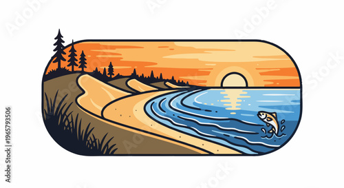 Coastal sunset with a fish leaping from the water