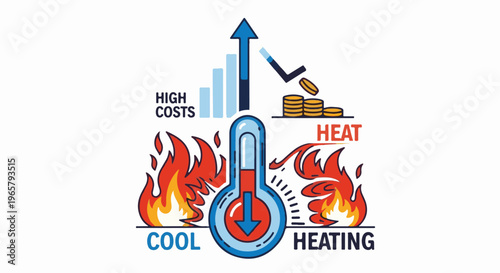Thermometer shows cooling and heating with rising costs and coins
