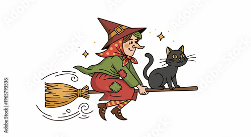 A cheerful cartoon witch and black cat fly on a broomstick