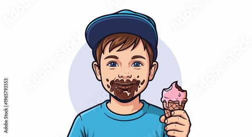 A boy with a messy chocolate face holds a pink ice cream cone