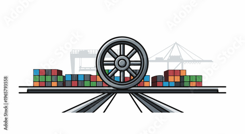 Cargo train wheel on tracks with containers and cranes