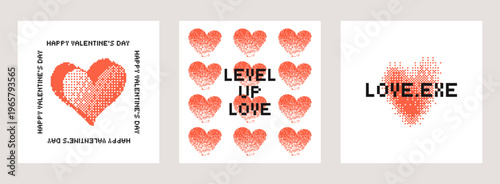 Set of pixel bitmap heart shapes with Valentine typography, modern graphic design. Romantic symbols with glitch effect on white background. Minimal poster collection for greeting, banner, print