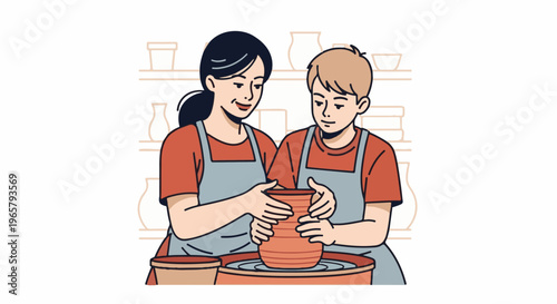 Two people working on pottery together in a studio