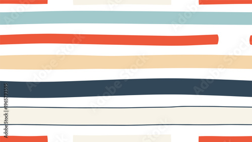 Seamless pattern background featuring hand painted horizontal stripes in various colors like red navy blue and yellow on a white surface.