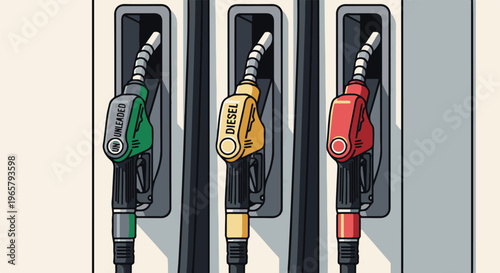 Three different fuel nozzles (unleaded, diesel, regular) hang ready for use