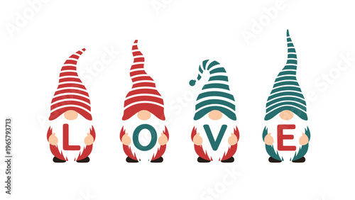 Four adorable Christmas gnomes wearing striped hats and standing in a row each holding a letter to spell out the word LOVE in festive colors.