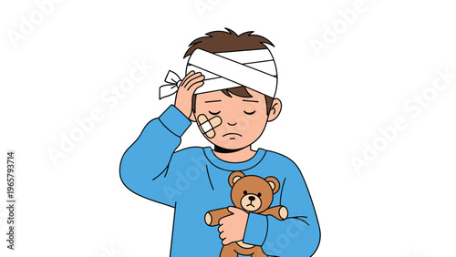 Cartoon illustration of a young boy with a bandaged head and a patch on his cheek holding a brown teddy bear and looking very sad or hurt.