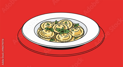 A whimsical illustration of ravioli in a white bowl on a red background