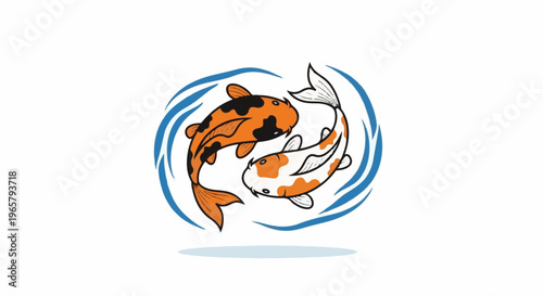 Two koi fish swim in a stylized yin-yang shape, surrounded by water