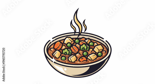 A warm bowl of hearty stew with vegetables and steam rising