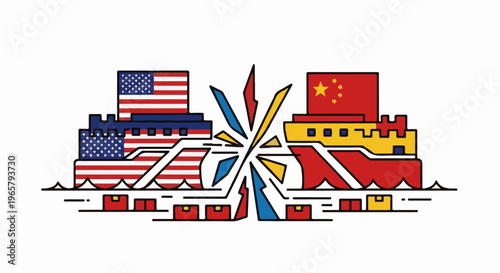 Two ships, one with US flag, the other with Chinese flag, facing each other