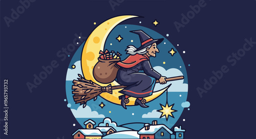 Whimsical witch on broomstick with gift bag flies across crescent moon over snowy village