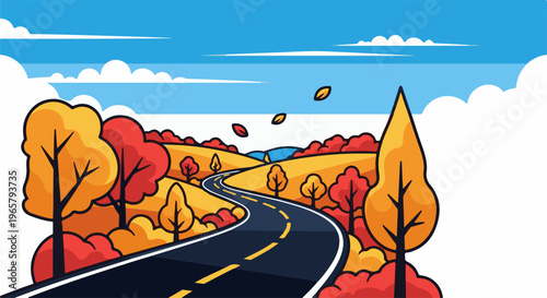 Winding road through an autumn landscape with colorful trees under blue sky