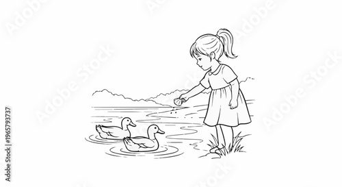 Young girl feeding ducks by a lake with hills in the background