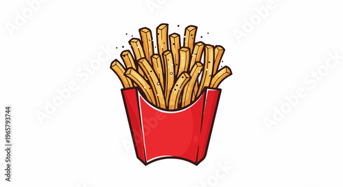 A vibrant, hand-drawn illustration of a red container overflowing with golden, crispy French fries