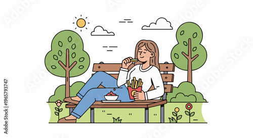 Woman eating fries on a park bench on a sunny day