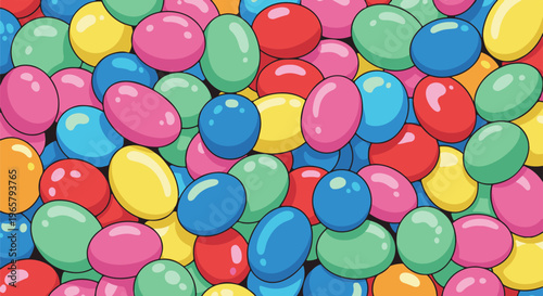 A vibrant, colorful, and textured close-up of many round, candy-like shapes