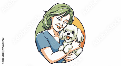 Woman gently embracing a fluffy white dog with a smile