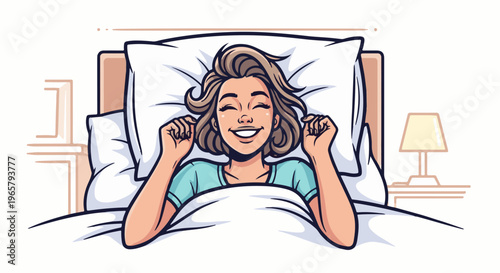 Woman happily wakes up in bed with a bright smile and hands raised