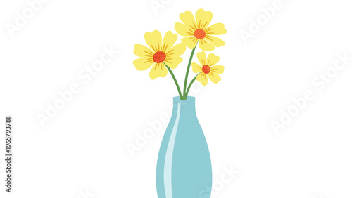 Simple flat illustration of three bright yellow flowers with orange centers arranged in a tall light blue ceramic vase on white background.