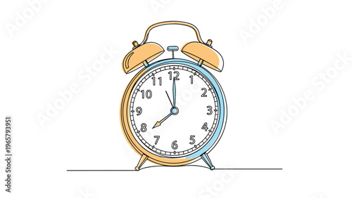 Continuous line drawing of a classic twin bell alarm clock with soft orange and blue color accents showing the time as eight o clock.