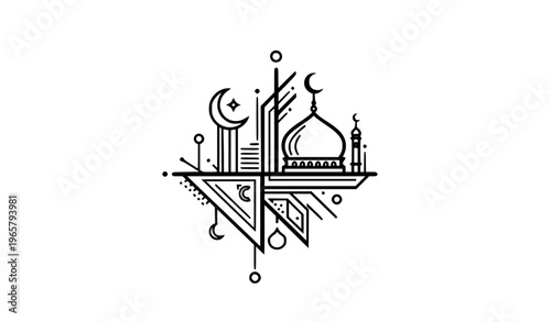 Abstract Ramadan mosque dome and crescent with geometric line art deco vector isolated on white background