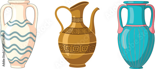 Illustrations of Classic Decorative Vases with Greek and Ancient Designs for Vintage and Historical Art Themes