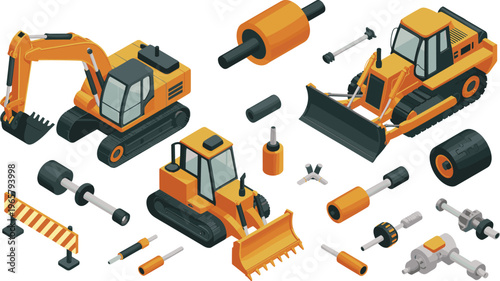 Construction machinery icons set, heavy equipment illustration, industrial vehicle artwork, mechanical parts design, engineering tools graphic, roadwork site concept