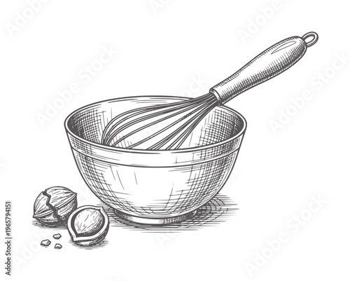Hand drawn whisk in bowl with nuts and crumbs hatching