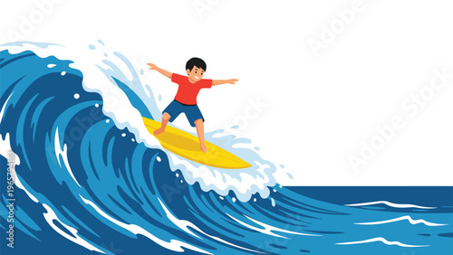 Dynamic vector illustration of a young boy surfing on a bright yellow board on top of a large blue ocean wave under a clear white sky.