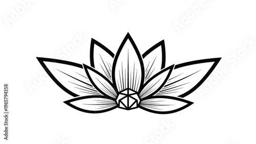 Detailed black and white line art illustration of a blooming lotus flower with intricate geometric patterns in the center of the petals.