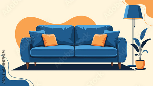 Modern living room interior illustration featuring a large blue sofa with orange cushions and a tall floor lamp against a patterned wall.