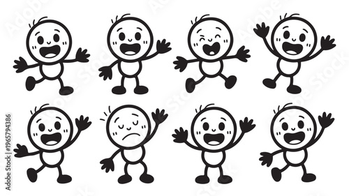 Cartoon Characters Emotions Vector Set, Black Doodle Stick Figures Expressing Feelings for Animation