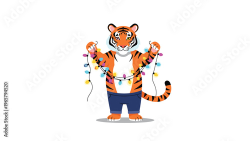 Cute cartoon illustration of a tiger wearing blue jeans and holding a tangled string of colorful glowing Christmas lights in its paws.