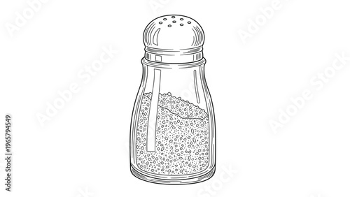Detailed black and white line drawing of a classic glass salt or pepper shaker filled with fine granules on a minimalist white background.