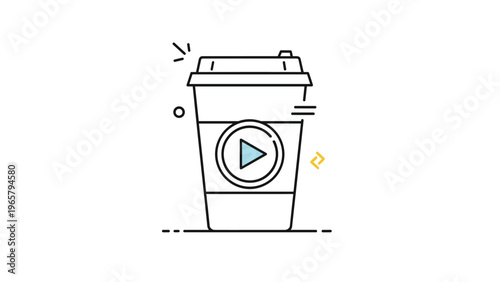 Minimalist line drawing of a disposable take away coffee cup with a play button symbol printed on its sleeve for a media or tech theme.