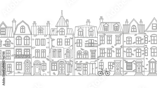 Detailed line drawing of a row of traditional European style city houses featuring various unique architectural details and roof shapes.