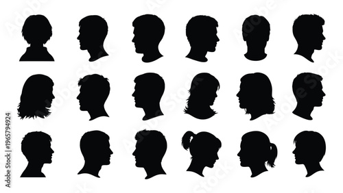A collection of diverse black profiles showcases various hairstyles and facial structures in a striking silhouette high quality professional