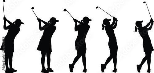 Set of female golfer silhouettes, woman playing golf in various swing poses, professional athlete vector icons, sports activity on white background, hobby illustration.