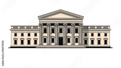 Architectural illustration of a grand classical building with ionic columns and a pediment reflecting neoclassical government or museum design.