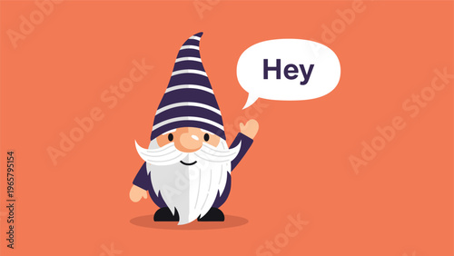 Garden gnome character with a striped purple hat and white beard waving and saying hey in a speech bubble on an orange background.