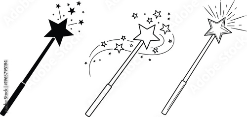 Magical Star Wands with Glitter Effect in Black and White Outline Style