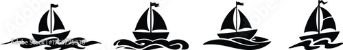 Sailboat on waves icon set showing sailing vessel and nautical adventure concept in different designs.