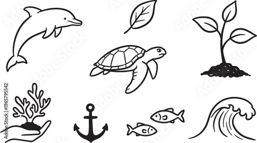 Marine life and ocean ecosystem icons