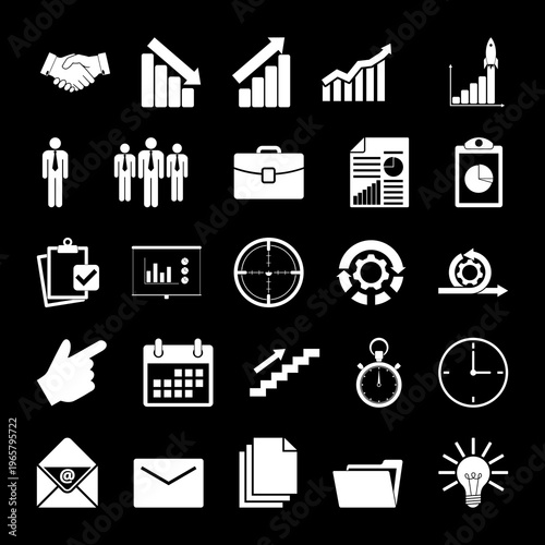 Business and Finance web icons isolated on black background