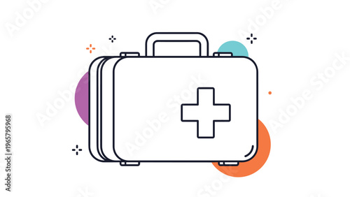 Clean line art illustration of a medical first aid kit or briefcase with a cross symbol and colorful geometric background shapes.