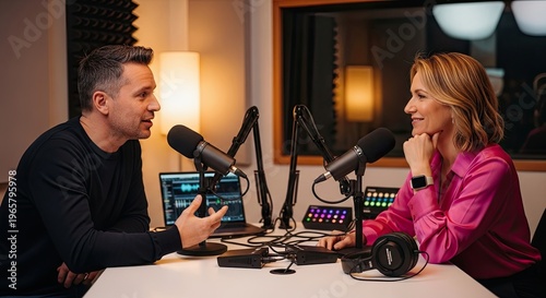 Two people are sitting at a table in a recording studio. A man is speaking into a microphone while a woman listens attentively, smiling.