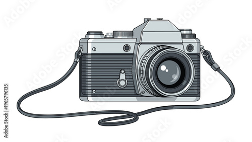 Detailed illustration of a vintage 35mm SLR film camera with a leather strap in shades of gray and black against a white background.