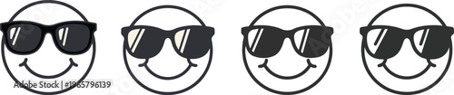 Cool emoji wearing sunglasses vector illustration. funny face with shades. black and white smiley isolated on transparent background.